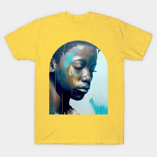 African american young man, eyes closed in meditation, abstract painting T-Shirt